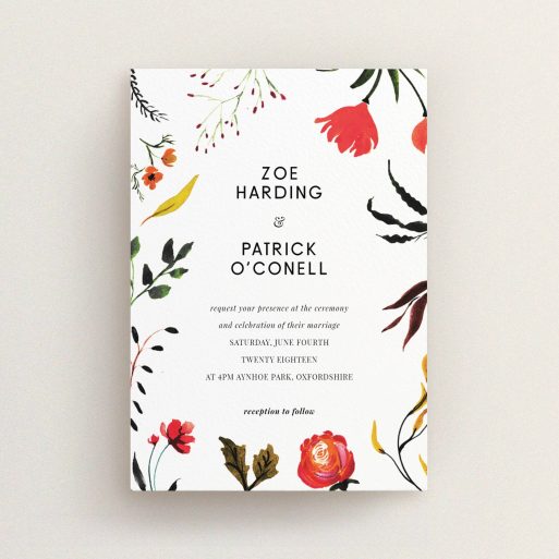 A personalised wedding invitation template titled "Elemental Flowers". It is an A6 invite in a portrait orientation. "Elemental Flowers" is available as a flat invite, with tones of white, green and red.