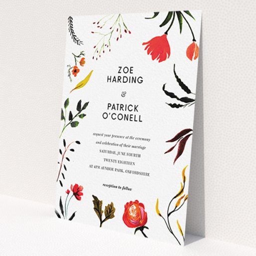 A personalised wedding invitation template titled 'Elemental Flowers'. It is an A6 invite in a portrait orientation. 'Elemental Flowers' is available as a flat invite, with tones of white, green and red.