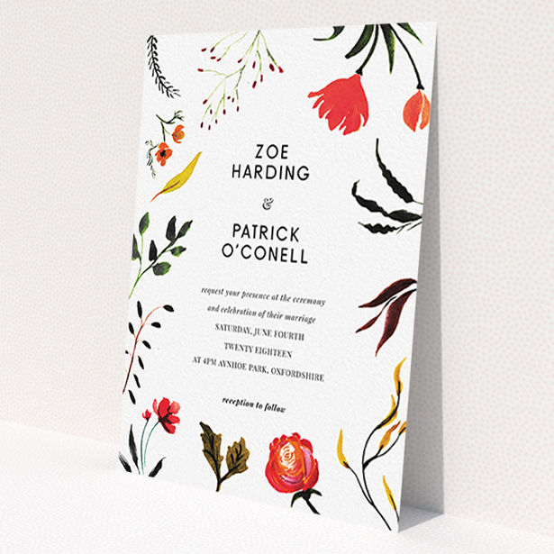 A personalised wedding invitation template titled "Elemental Flowers". It is an A6 invite in a portrait orientation. "Elemental Flowers" is available as a flat invite, with tones of white, green and red.