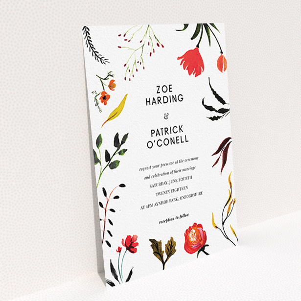 A personalised wedding invitation template titled "Elemental Flowers". It is an A6 invite in a portrait orientation. "Elemental Flowers" is available as a flat invite, with tones of white, green and red.