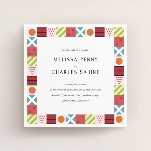 A personalised wedding invitation template titled "Epsom". It is a square (148mm x 148mm) invite in a square orientation. "Epsom" is available as a flat invite, with tones of red, orange and light blue.