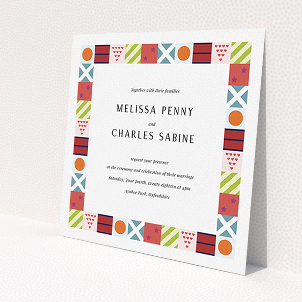 A personalised wedding invitation template titled 'Epsom'. It is a square (148mm x 148mm) invite in a square orientation. 'Epsom' is available as a flat invite, with tones of red, orange and light blue.