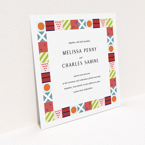 A personalised wedding invitation template titled "Epsom". It is a square (148mm x 148mm) invite in a square orientation. "Epsom" is available as a flat invite, with tones of red, orange and light blue.