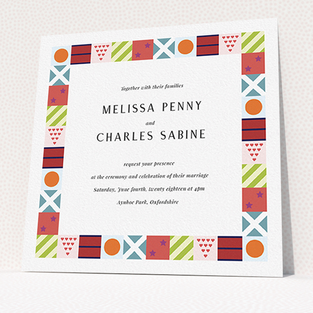 A personalised wedding invitation template titled "Epsom". It is a square (148mm x 148mm) invite in a square orientation. "Epsom" is available as a flat invite, with tones of red, orange and light blue.
