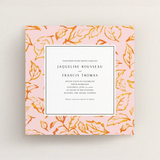 A personalised wedding invitation named "Falling Foliage". It is a square (148mm x 148mm) invite in a square orientation. "Falling Foliage" is available as a flat invite, with tones of pink and orange.