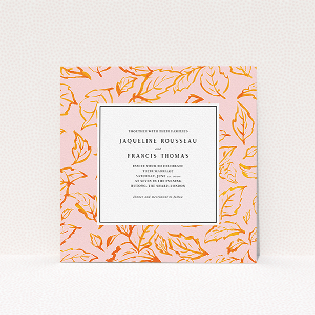A personalised wedding invitation named "Falling Foliage". It is a square (148mm x 148mm) invite in a square orientation. "Falling Foliage" is available as a flat invite, with tones of pink and orange.