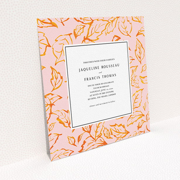 A personalised wedding invitation named "Falling Foliage". It is a square (148mm x 148mm) invite in a square orientation. "Falling Foliage" is available as a flat invite, with tones of pink and orange.