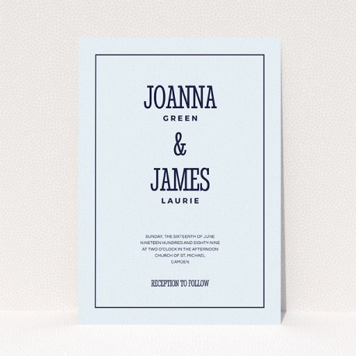 A personalised wedding invitation called "Fill the space". It is an A5 invite in a portrait orientation. "Fill the space" is available as a flat invite, with mainly light blue colouring.
