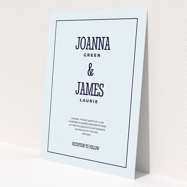 A personalised wedding invitation called "Fill the space". It is an A5 invite in a portrait orientation. "Fill the space" is available as a flat invite, with mainly light blue colouring.