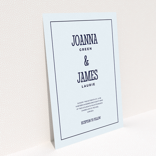 A personalised wedding invitation called "Fill the space". It is an A5 invite in a portrait orientation. "Fill the space" is available as a flat invite, with mainly light blue colouring.