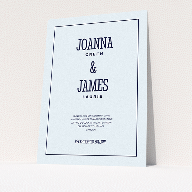 A personalised wedding invitation called "Fill the space". It is an A5 invite in a portrait orientation. "Fill the space" is available as a flat invite, with mainly light blue colouring.