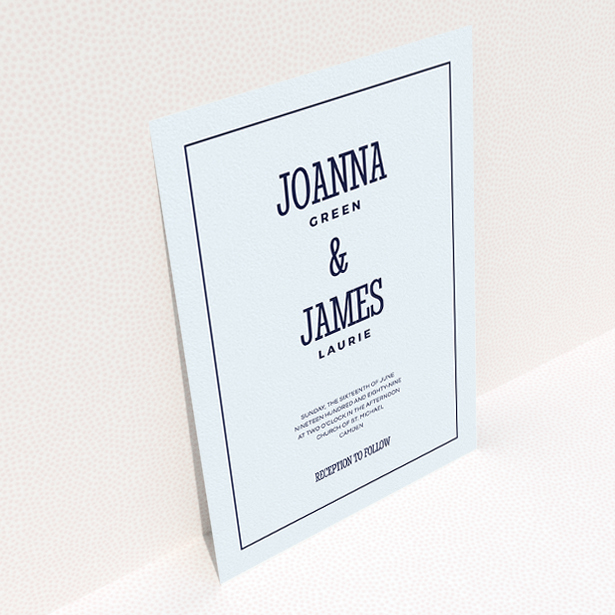 A personalised wedding invitation called "Fill the space". It is an A5 invite in a portrait orientation. "Fill the space" is available as a flat invite, with mainly light blue colouring.
