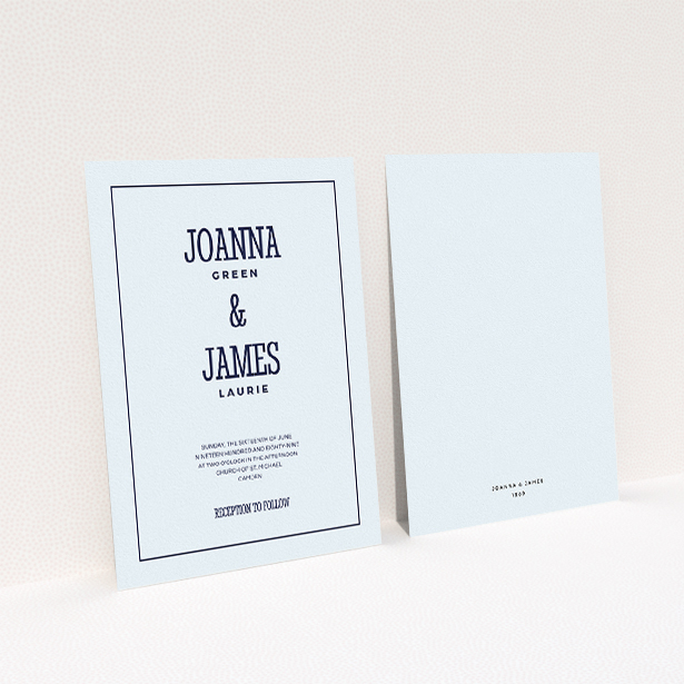 A personalised wedding invitation called "Fill the space". It is an A5 invite in a portrait orientation. "Fill the space" is available as a flat invite, with mainly light blue colouring.