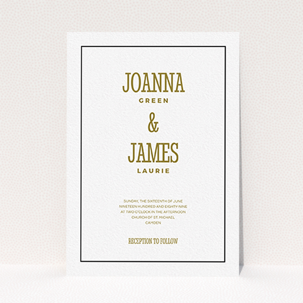A personalised wedding invitation design named "Fill the space". It is an A6 invite in a portrait orientation. "Fill the space" is available as a flat invite, with tones of white and gold.