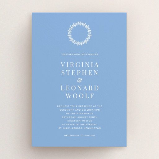 A personalised wedding invitation template titled "Flower spiral". It is an A5 invite in a portrait orientation. "Flower spiral" is available as a flat invite, with tones of blue and white.