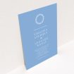 A personalised wedding invitation template titled "Flower spiral". It is an A5 invite in a portrait orientation. "Flower spiral" is available as a flat invite, with tones of blue and white.