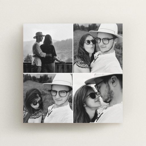 A personalised wedding invitation design named "Four Squares Divided". It is a square (148mm x 148mm) invite in a square orientation. It is a photographic personalised wedding invitation with room for 4 photos. "Four Squares Divided" is available as a flat invite, with mainly white colouring.