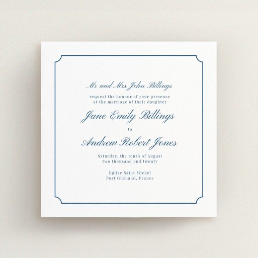 A personalised wedding invitation template titled "Framed Classic". It is a square (148mm x 148mm) invite in a square orientation. "Framed Classic" is available as a flat invite, with tones of white and blue.