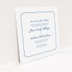 A personalised wedding invitation template titled "Framed Classic". It is a square (148mm x 148mm) invite in a square orientation. "Framed Classic" is available as a flat invite, with tones of white and blue.