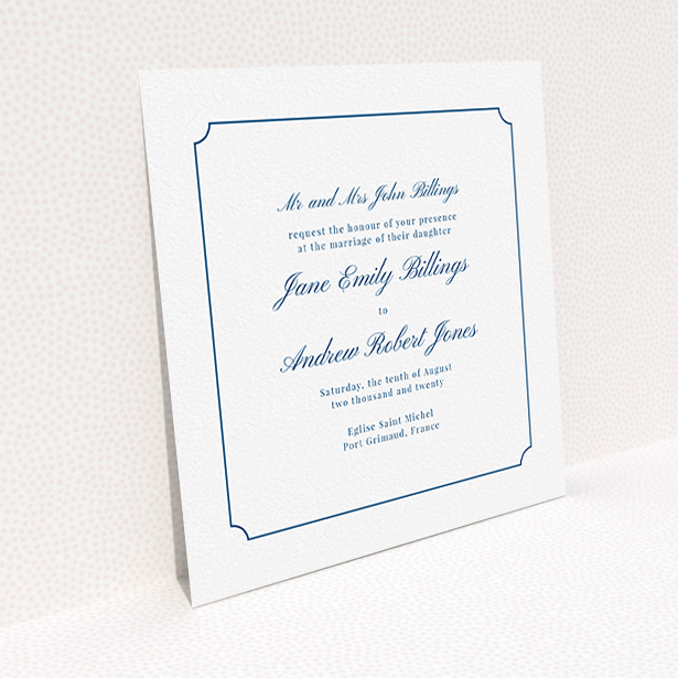 A personalised wedding invitation template titled "Framed Classic". It is a square (148mm x 148mm) invite in a square orientation. "Framed Classic" is available as a flat invite, with tones of white and blue.