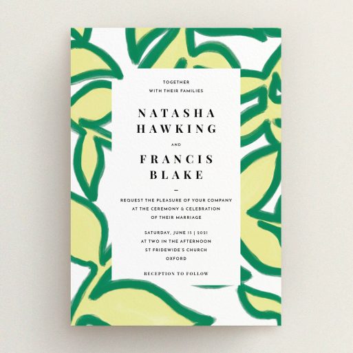 A personalised wedding invitation called "Fresh Vines". It is an A5 invite in a portrait orientation. "Fresh Vines" is available as a flat invite, with tones of green and white.