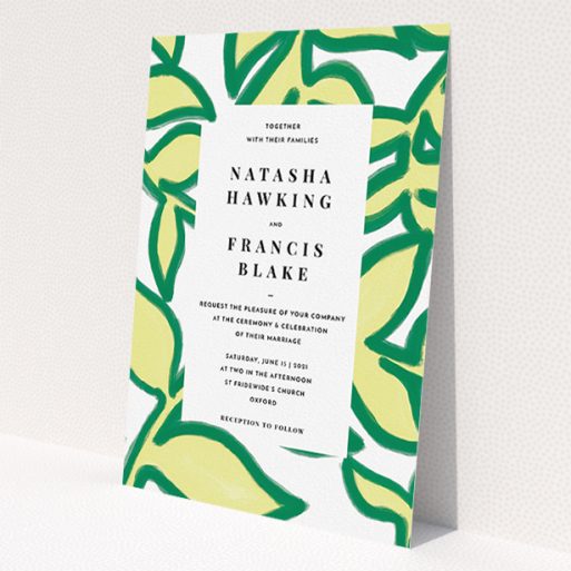 A personalised wedding invitation called 'Fresh Vines'. It is an A5 invite in a portrait orientation. 'Fresh Vines' is available as a flat invite, with tones of green and white.
