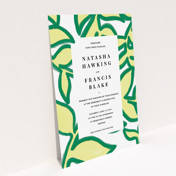 A personalised wedding invitation called "Fresh Vines". It is an A5 invite in a portrait orientation. "Fresh Vines" is available as a flat invite, with tones of green and white.