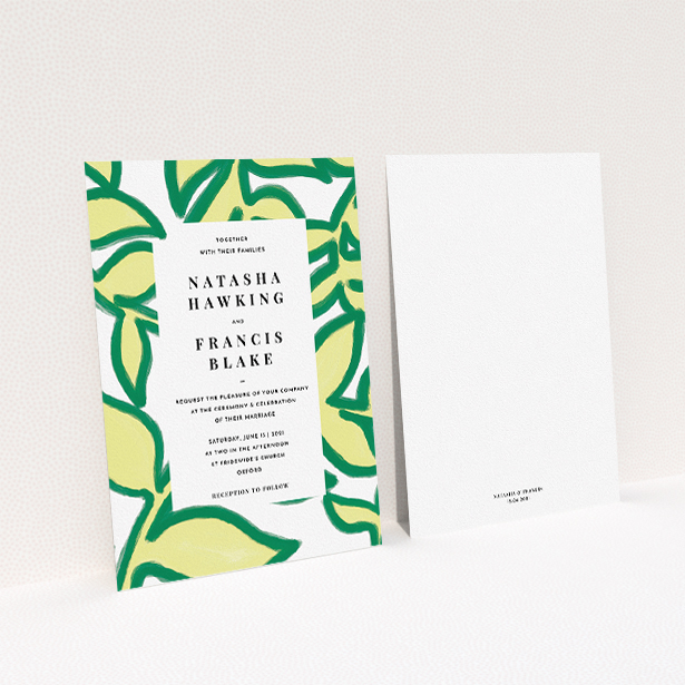 A personalised wedding invitation called "Fresh Vines". It is an A5 invite in a portrait orientation. "Fresh Vines" is available as a flat invite, with tones of green and white.