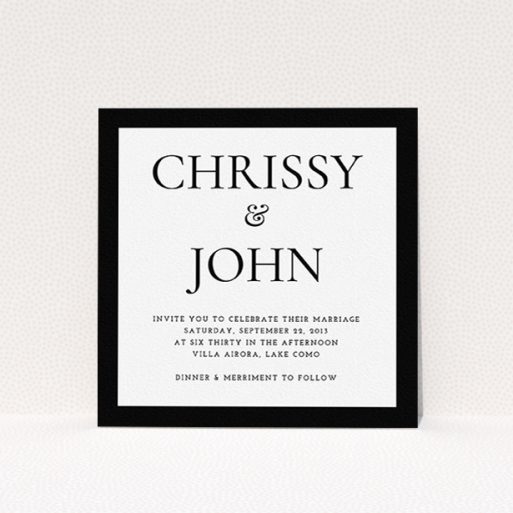 A personalised wedding invitation design titled "Front and centre". It is a square (148mm x 148mm) invite in a square orientation. "Front and centre" is available as a flat invite, with tones of black and white.