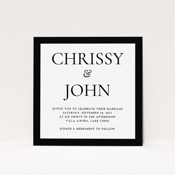 A personalised wedding invitation design titled "Front and centre". It is a square (148mm x 148mm) invite in a square orientation. "Front and centre" is available as a flat invite, with tones of black and white.