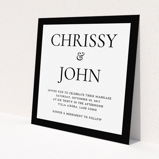 A personalised wedding invitation design titled "Front and centre". It is a square (148mm x 148mm) invite in a square orientation. "Front and centre" is available as a flat invite, with tones of black and white.