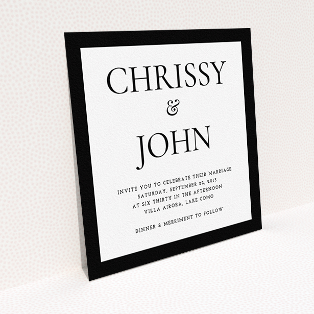 A personalised wedding invitation design titled "Front and centre". It is a square (148mm x 148mm) invite in a square orientation. "Front and centre" is available as a flat invite, with tones of black and white.