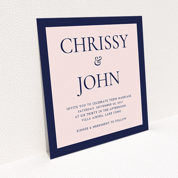 A personalised wedding invitation called "Front and centre". It is a square (148mm x 148mm) invite in a square orientation. "Front and centre" is available as a flat invite, with tones of navy blue and pink.
