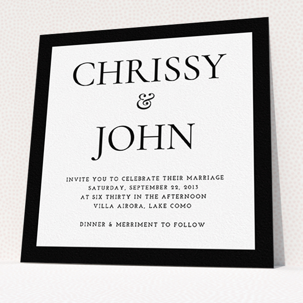 A personalised wedding invitation design titled "Front and centre". It is a square (148mm x 148mm) invite in a square orientation. "Front and centre" is available as a flat invite, with tones of black and white.