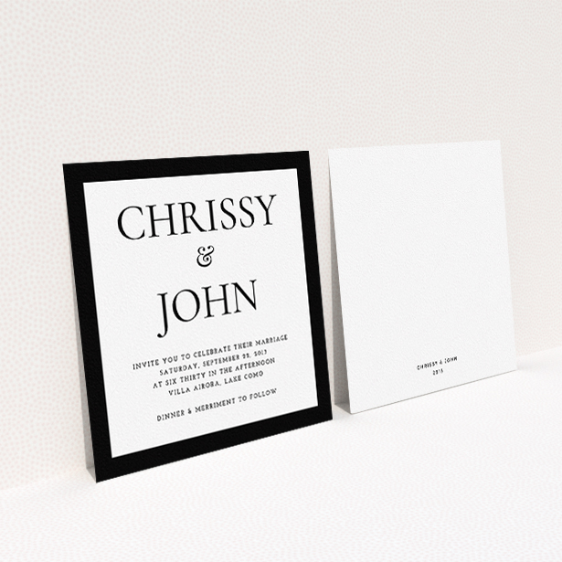 A personalised wedding invitation design titled "Front and centre". It is a square (148mm x 148mm) invite in a square orientation. "Front and centre" is available as a flat invite, with tones of black and white.