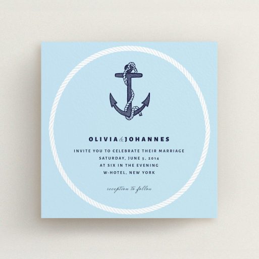 A personalised wedding invitation template titled "Full knot". It is a square (148mm x 148mm) invite in a square orientation. "Full knot" is available as a flat invite, with tones of light blue and navy blue.