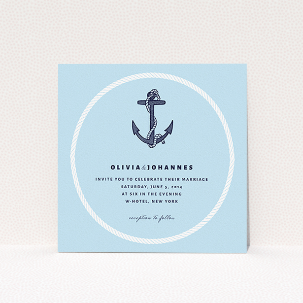 A personalised wedding invitation template titled "Full knot". It is a square (148mm x 148mm) invite in a square orientation. "Full knot" is available as a flat invite, with tones of light blue and navy blue.