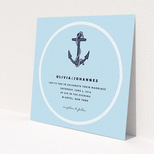 A personalised wedding invitation template titled 'Full knot'. It is a square (148mm x 148mm) invite in a square orientation. 'Full knot' is available as a flat invite, with tones of light blue and navy blue.