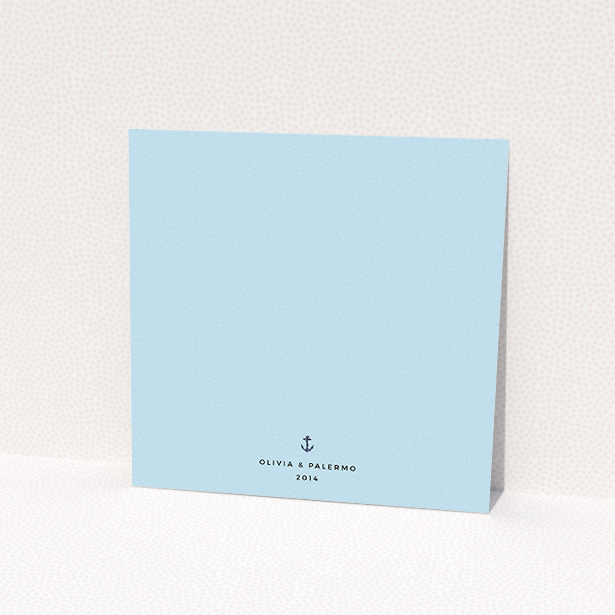 A personalised wedding invitation template titled "Full knot". It is a square (148mm x 148mm) invite in a square orientation. "Full knot" is available as a flat invite, with tones of light blue and navy blue.
