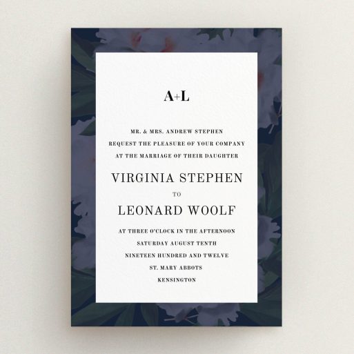 A personalised wedding invitation named "Garden at night". It is an A5 invite in a portrait orientation. "Garden at night" is available as a flat invite, with tones of black and white.
