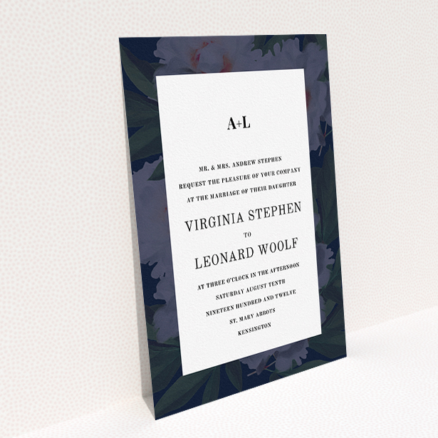 A personalised wedding invitation named "Garden at night". It is an A5 invite in a portrait orientation. "Garden at night" is available as a flat invite, with tones of black and white.
