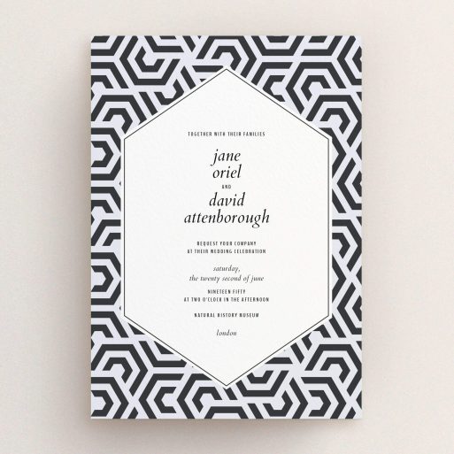 A personalised wedding invitation template titled "Geometric corners". It is an A5 invite in a portrait orientation. "Geometric corners" is available as a flat invite, with tones of black and white.