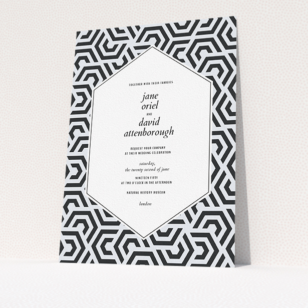 A personalised wedding invitation template titled "Geometric corners". It is an A5 invite in a portrait orientation. "Geometric corners" is available as a flat invite, with tones of black and white.