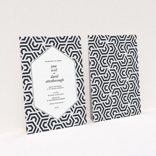 A personalised wedding invitation template titled "Geometric corners". It is an A5 invite in a portrait orientation. "Geometric corners" is available as a flat invite, with tones of black and white.