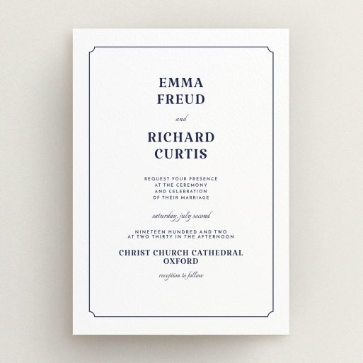 A personalised wedding invitation template titled "Harrison notch". It is an A5 invite in a portrait orientation. "Harrison notch" is available as a flat invite, with mainly white colouring.
