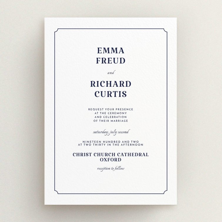 A personalised wedding invitation template titled "Harrison notch". It is an A5 invite in a portrait orientation. "Harrison notch" is available as a flat invite, with mainly white colouring.