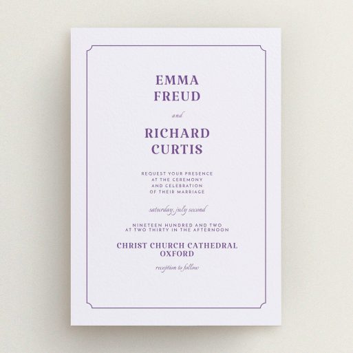 A personalised wedding invitation named "Harrison notch". It is an A5 invite in a portrait orientation. "Harrison notch" is available as a flat invite, with mainly white colouring.