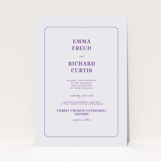 A personalised wedding invitation named "Harrison notch". It is an A5 invite in a portrait orientation. "Harrison notch" is available as a flat invite, with mainly white colouring.