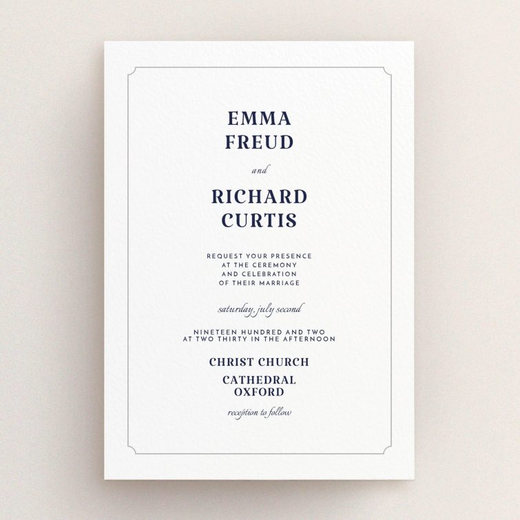 A personalised wedding invitation template titled "Harrison notch". It is an A5 invite in a portrait orientation. "Harrison notch" is available as a flat invite, with tones of white and grey.