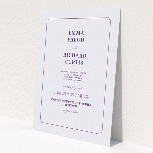 A personalised wedding invitation named 'Harrison notch'. It is an A5 invite in a portrait orientation. 'Harrison notch' is available as a flat invite, with mainly white colouring.